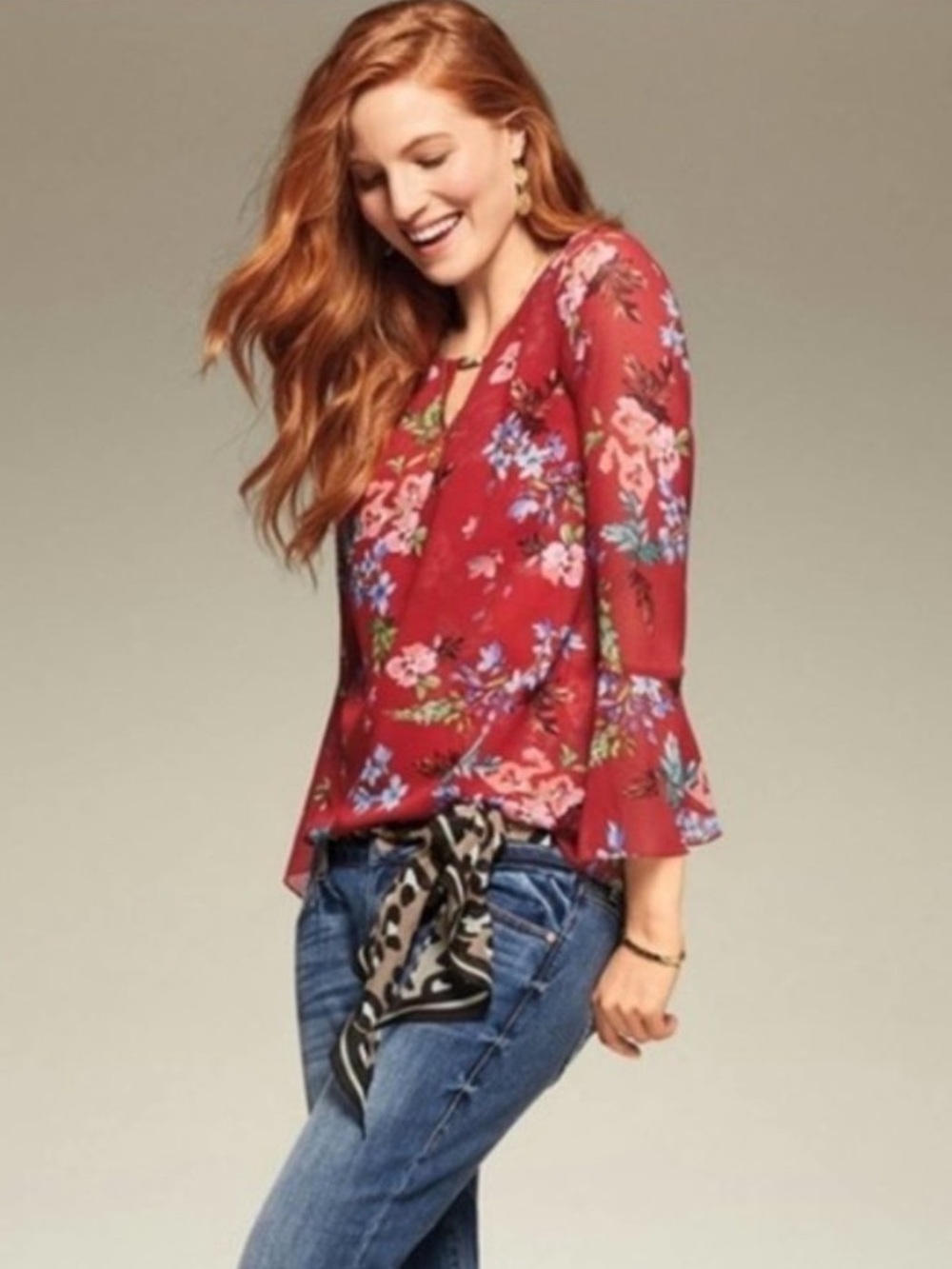 Cabi Devoted Blouse Red Floral with Bell Sleeve. Style #3590. Size: XS